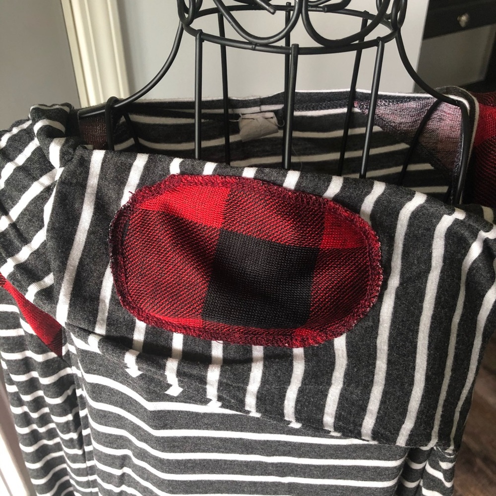 Adorable grey and white striped long sleeve shirt with Buffalo plaid accents